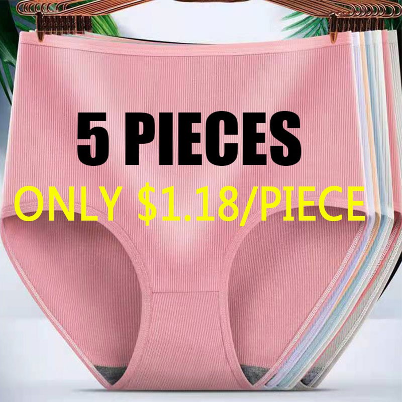 [SG Stock] 5PCS Plus Size Women High Waist Panties Lingeries Ladies Breathable Cotton Underwear Women Panties Briefs