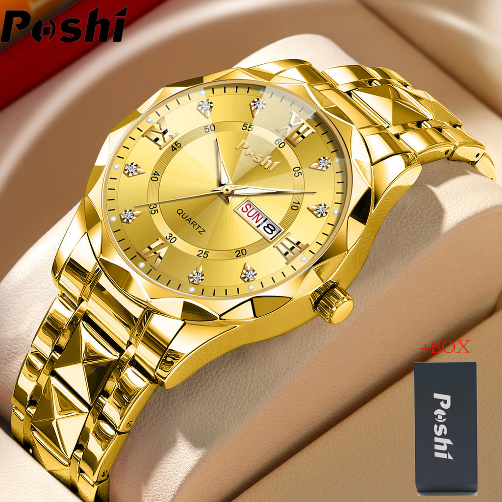 [With Box]POSHI Fashion Business Stainless Steel Luxury Mens Gold Watch Luminous Waterproof Automatic Date Swiss Quartz Wrist Watch for Men
