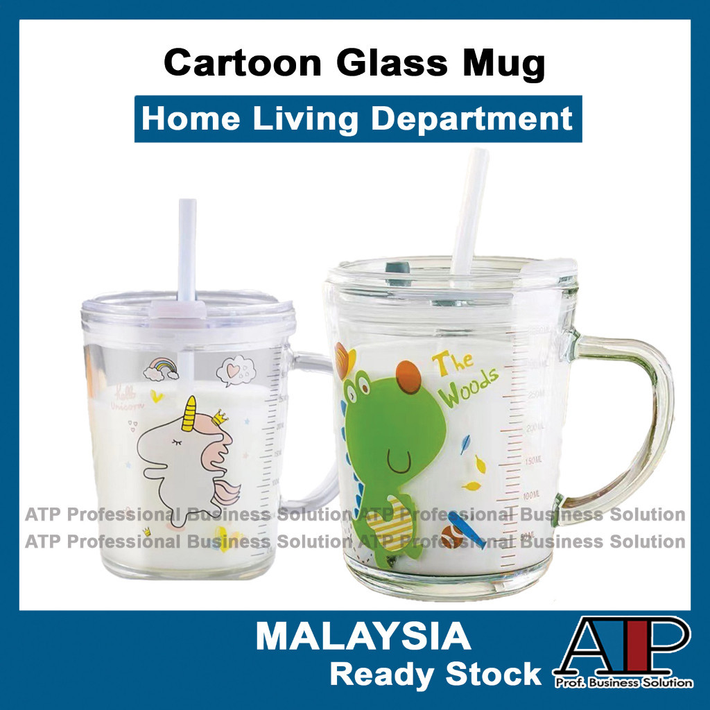 Mug? 400ml Children's Breakfast Glass Mug With Straw Scale Cartoon Animal Unicorn Milk cup with Handle Glass Bottle