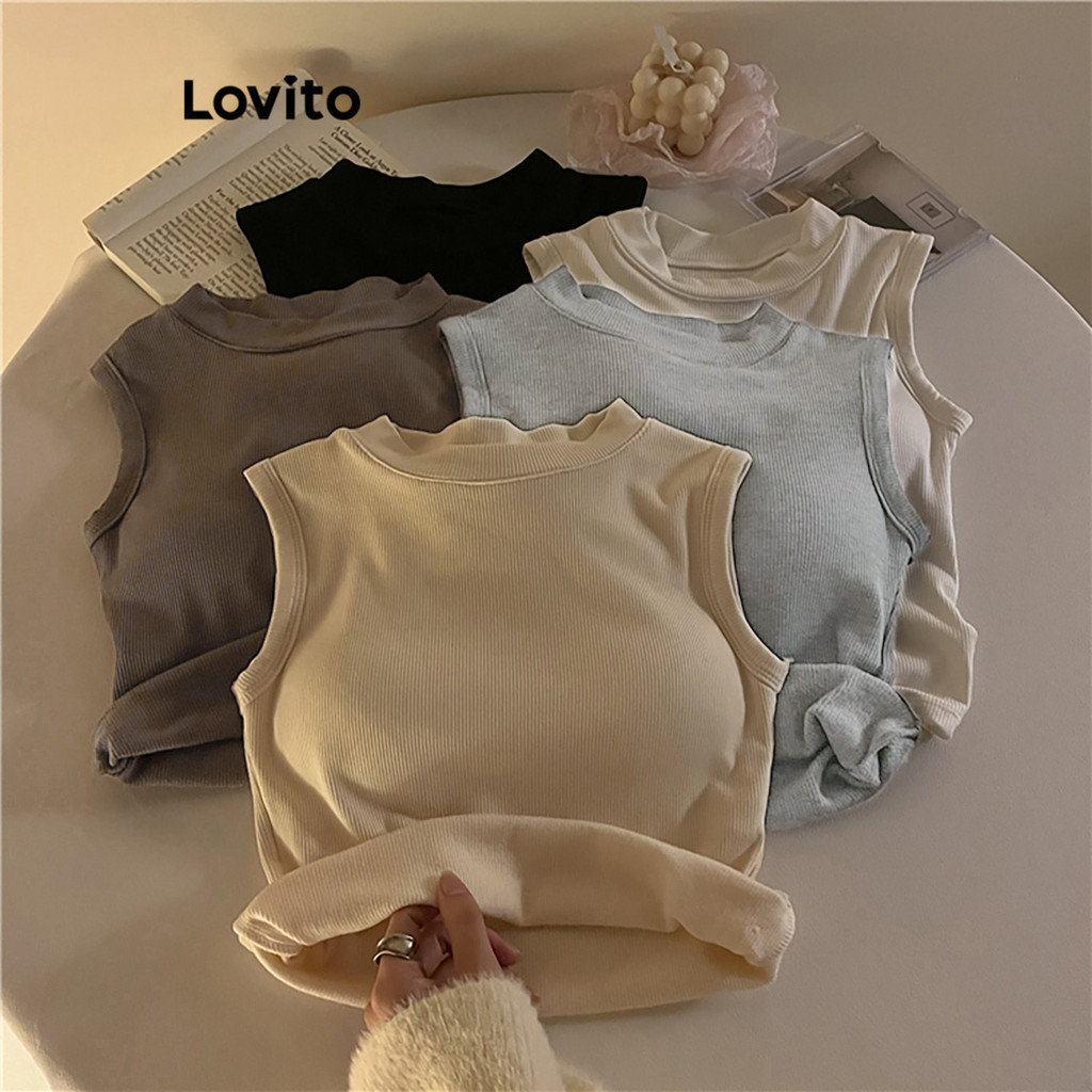 Lovito Casual Plain Round Neck Tank Top for Women LNE34039 (Brown/Dark Grey/White/Black)