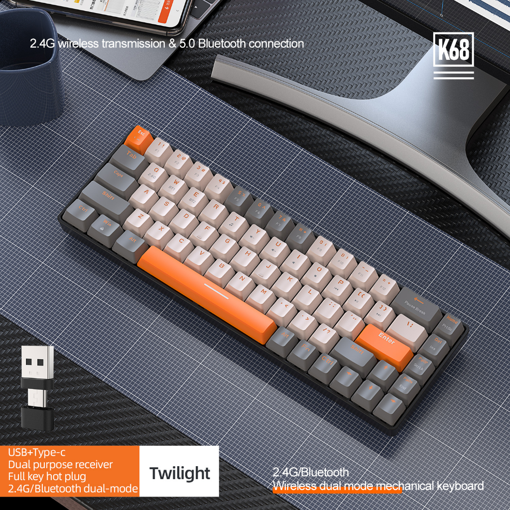 Wireless Bluetooth Mechanical Keyboard with USB-A and Type-C Dongle Insert Portable Battery 68 Keys Compact Keyboard