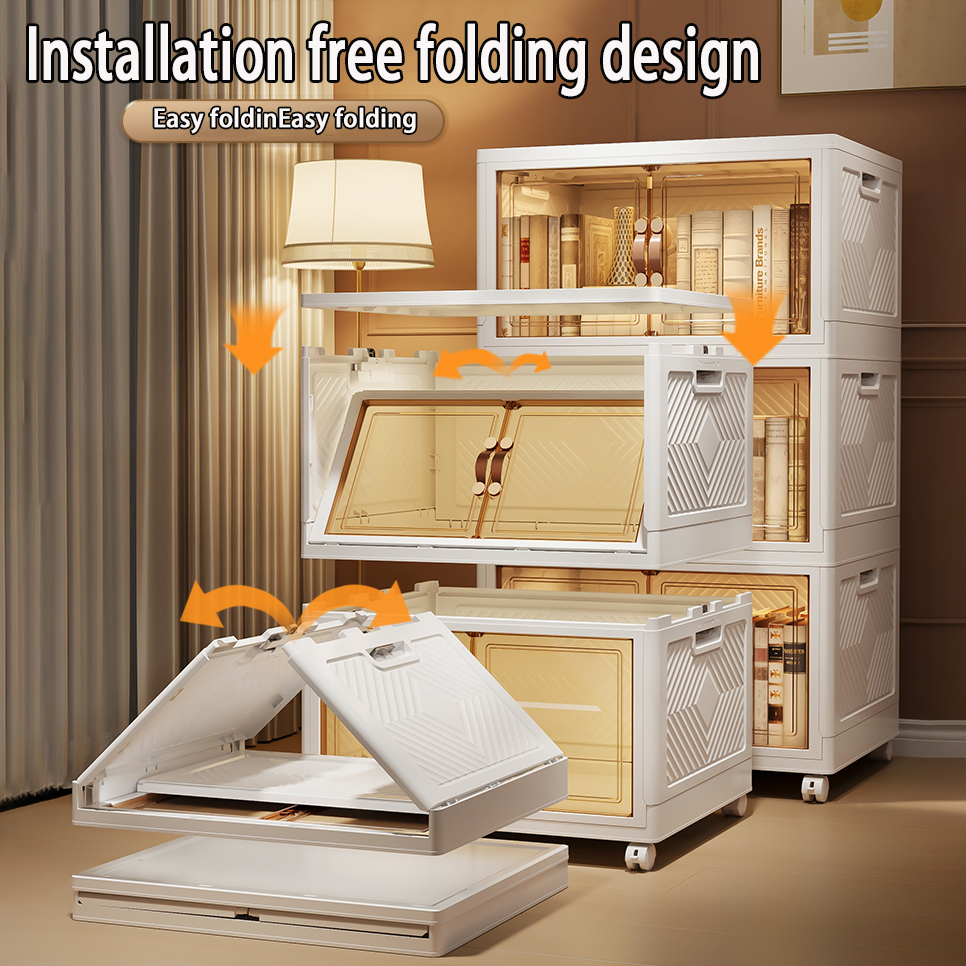 【SG Stock】Folding Storage Box Cupboards Cabinets Transparent Double Door Foldable  Home Clothes Snacks Storage Cabinet